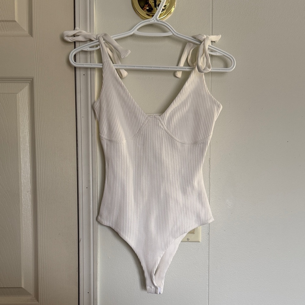 Princess Polly White Ribbed Bodysuit with Tie Straps